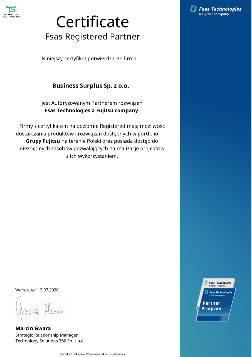 Certyfikat Fsas Registered Partner dla Business Surplus Sp. z o.o.